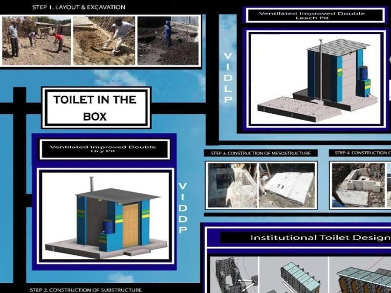 Toilet-in-a-Box poster: 3D designs of double-pit toilets and photos of each construction step, from excavation to substructure and slab